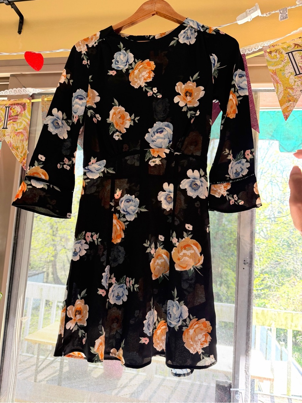 H&M Black Floral Long-Sleeve A-Line Dress with Orange & Blue Blooms
